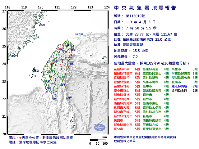 2024年4月3日台灣花蓮發生7.2強震。圖／中央氣象署